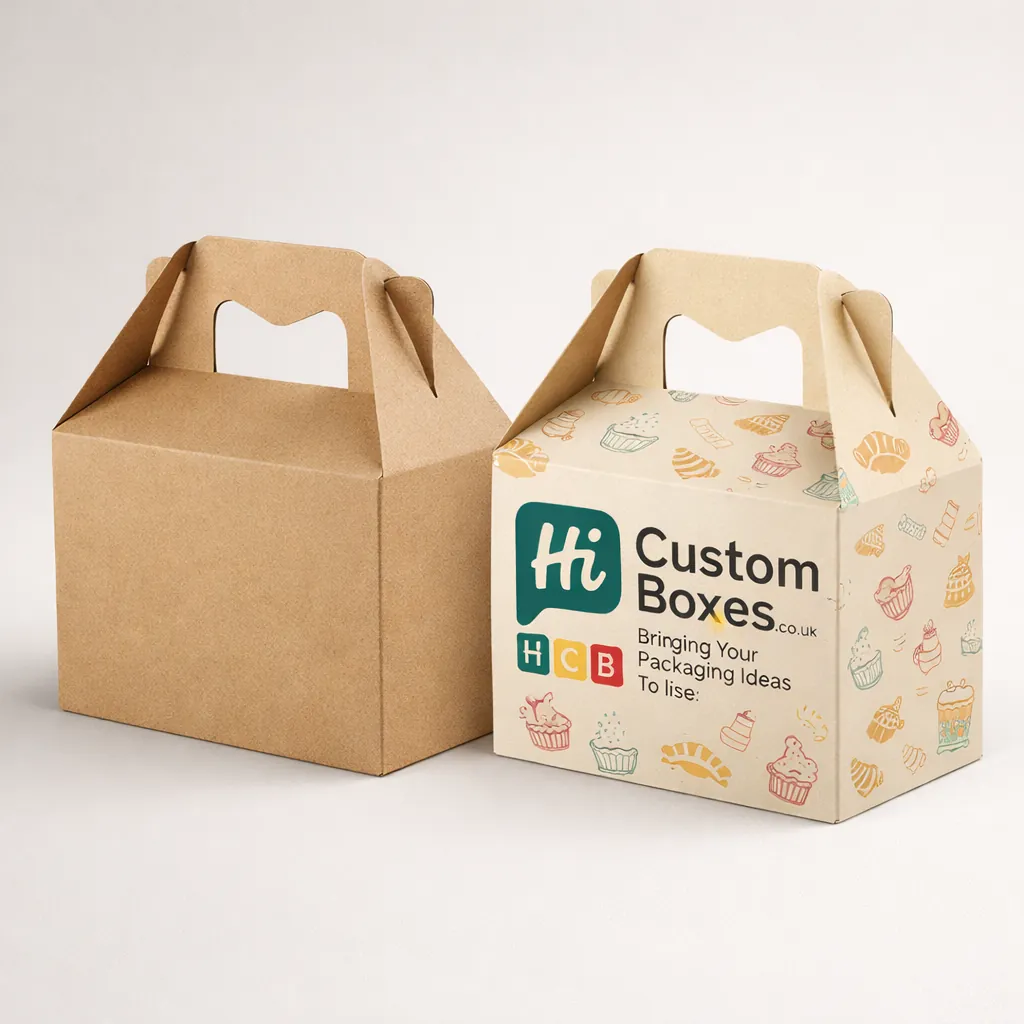 Two brown corrugated gable boxes, one plain kraft and one custom printed with a colourful bakery pattern.